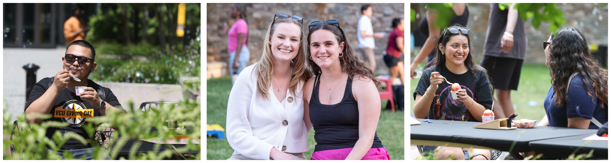 Three photos of people enjoying an outdoor community event. The first photo shows two young women smiling at the camera, one wearing a white cardigan and the other in a black tank top. The second photo features a young man in sunglasses eating ice cream with a 'VCU Giving Day' t-shirt. The third photo captures two young women sitting at a table, laughing and eating ice cream together.