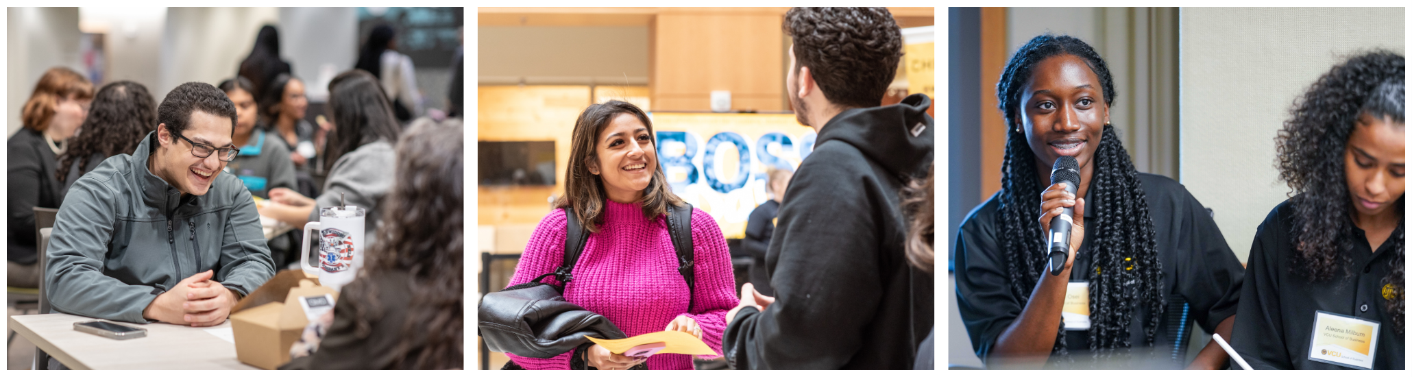 Three photos of students at a professional development event: a young man smiling at a table discussion, three young women posing with a cake pop, and a young woman in a pink sweater chatting with a man in front of a 'BOSS' sign.