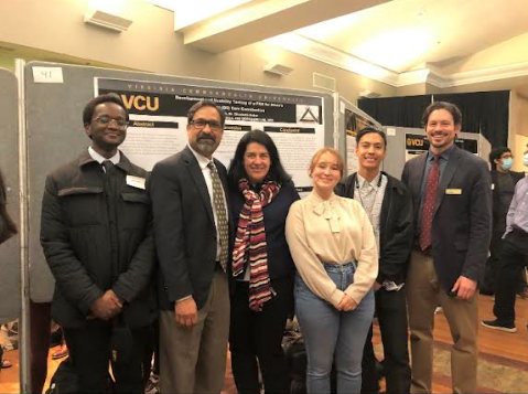 The lab at the 2022 VCU Undergraduate Research Symposium. L to R: Jeffrey Duah, P. Srirama Rao, Ph.D. (VCU VP of Research and Innovation), Elizabeth Baker, Brianna Boston, Edward Ladia, Herb Hill (Director of Undergraduate Research and Creative Inquiry)