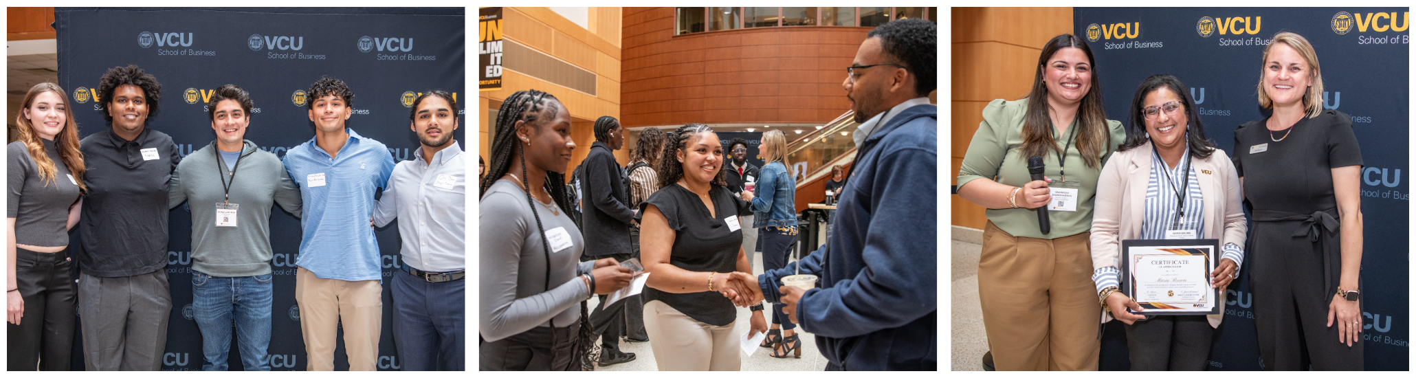 Students and professionals engage in casual, friendly conversations while holding coffee cups in a bright indoor setting.