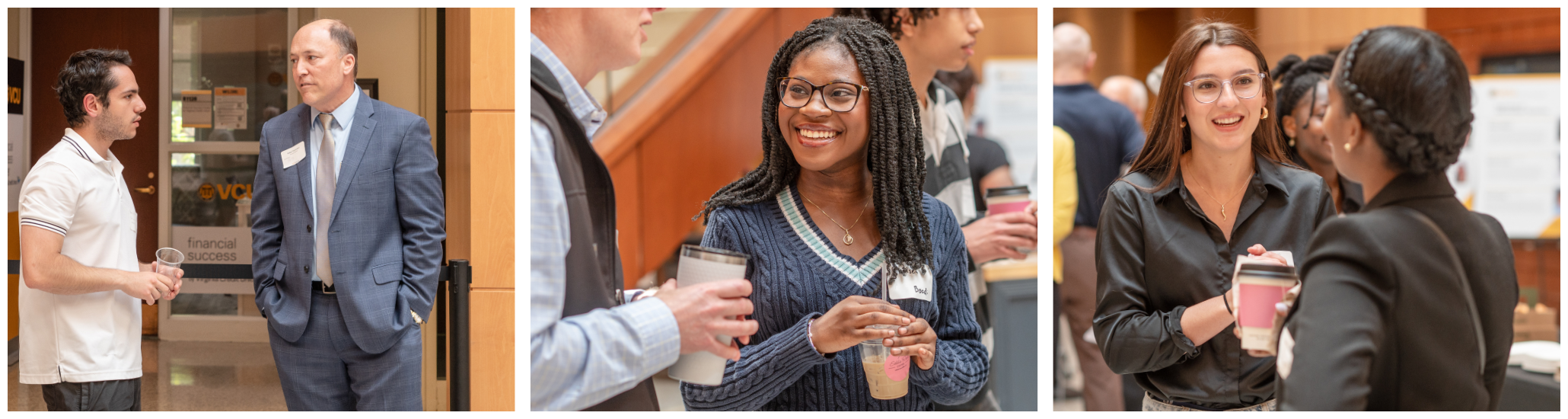 Students and professionals engage in casual, friendly conversations while holding coffee cups in a bright indoor setting.