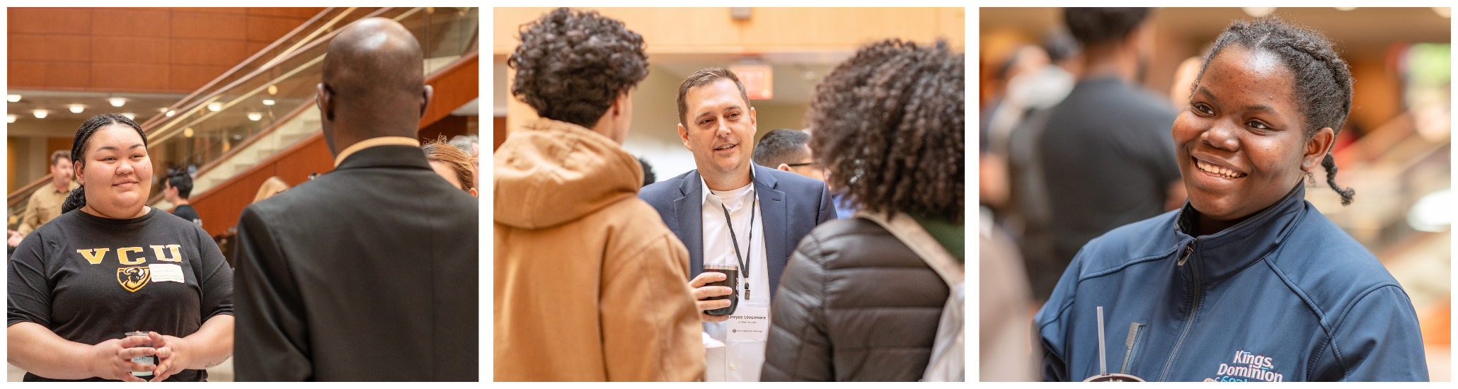 Students and mentors chat in small groups during a networking event inside a campus building.