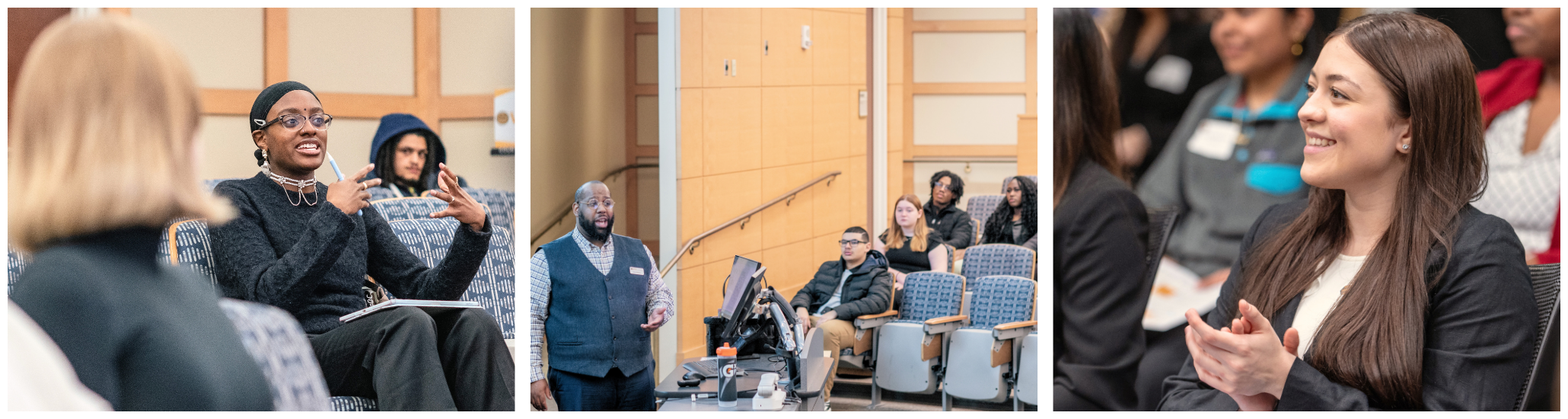 A classroom scene showing students listening and participating, with one student speaking and a guest presenter at the front.