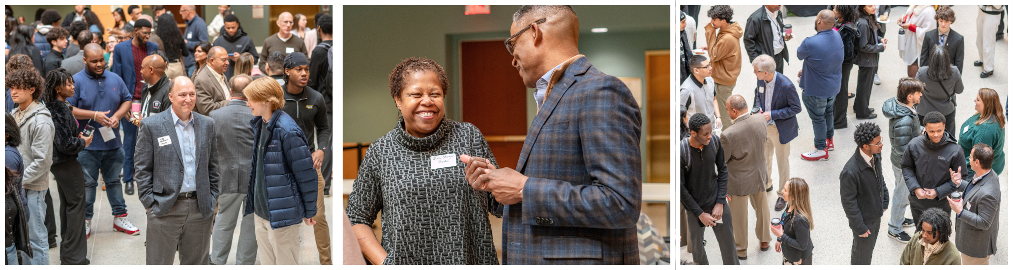 Large crowd of students and professionals mingling in a spacious lobby during a VCU Business networking event.