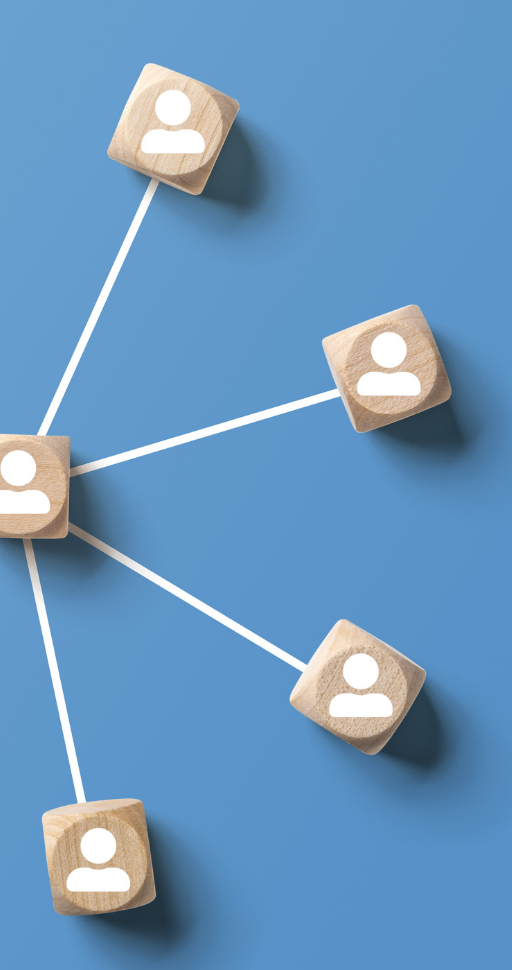 Abstract wooden blocks connected by lines, symbolizing people and networks