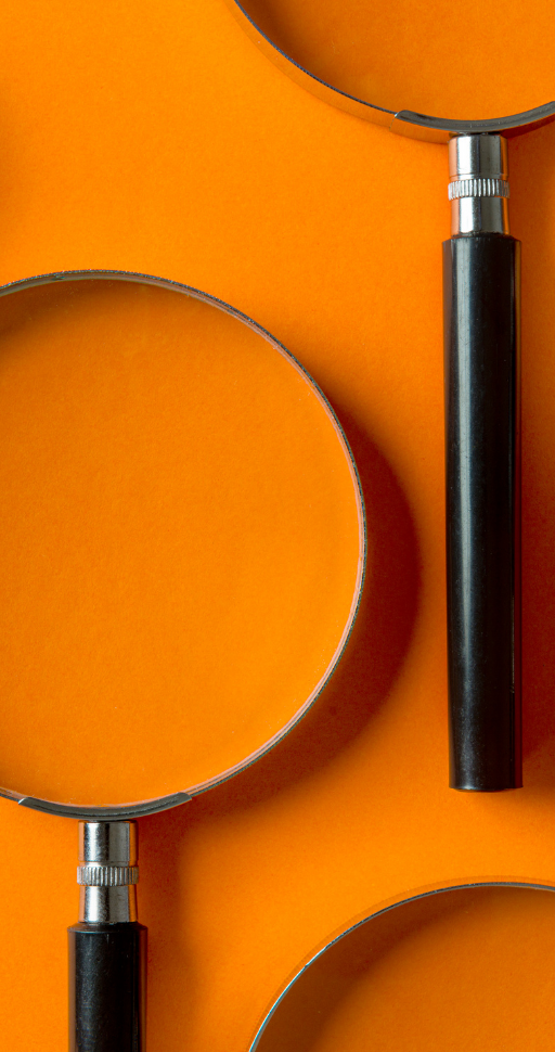 Magnifying glasses on orange background, representing research and analysis
