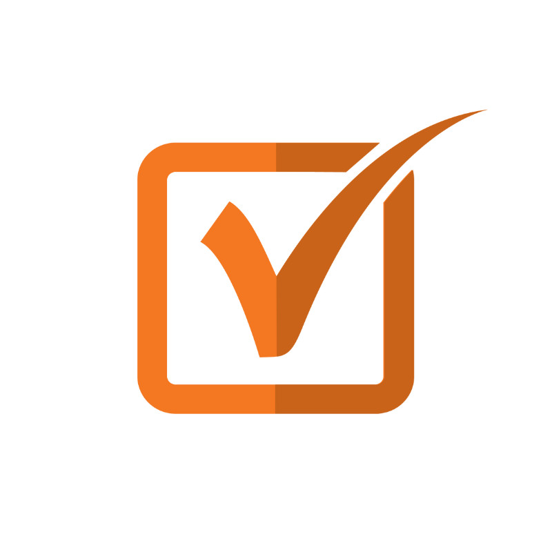 An orange box with a bold checkmark inside, symbolizing completion or approval.